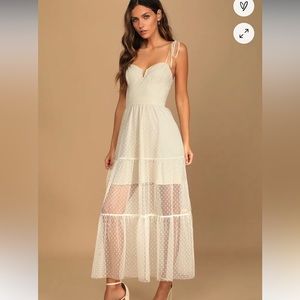 Lulus romantic spot cream polka dot mesh tiered midi dress size small